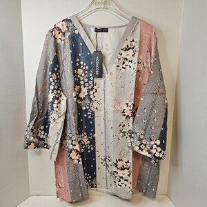 Noracora Women 3/4 Sleeve Floral Print Blouse Top V Neck Size XL